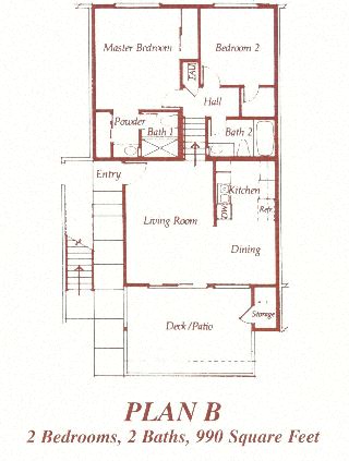 Floor plan for 2 beds, 2 baths, 990 sqft